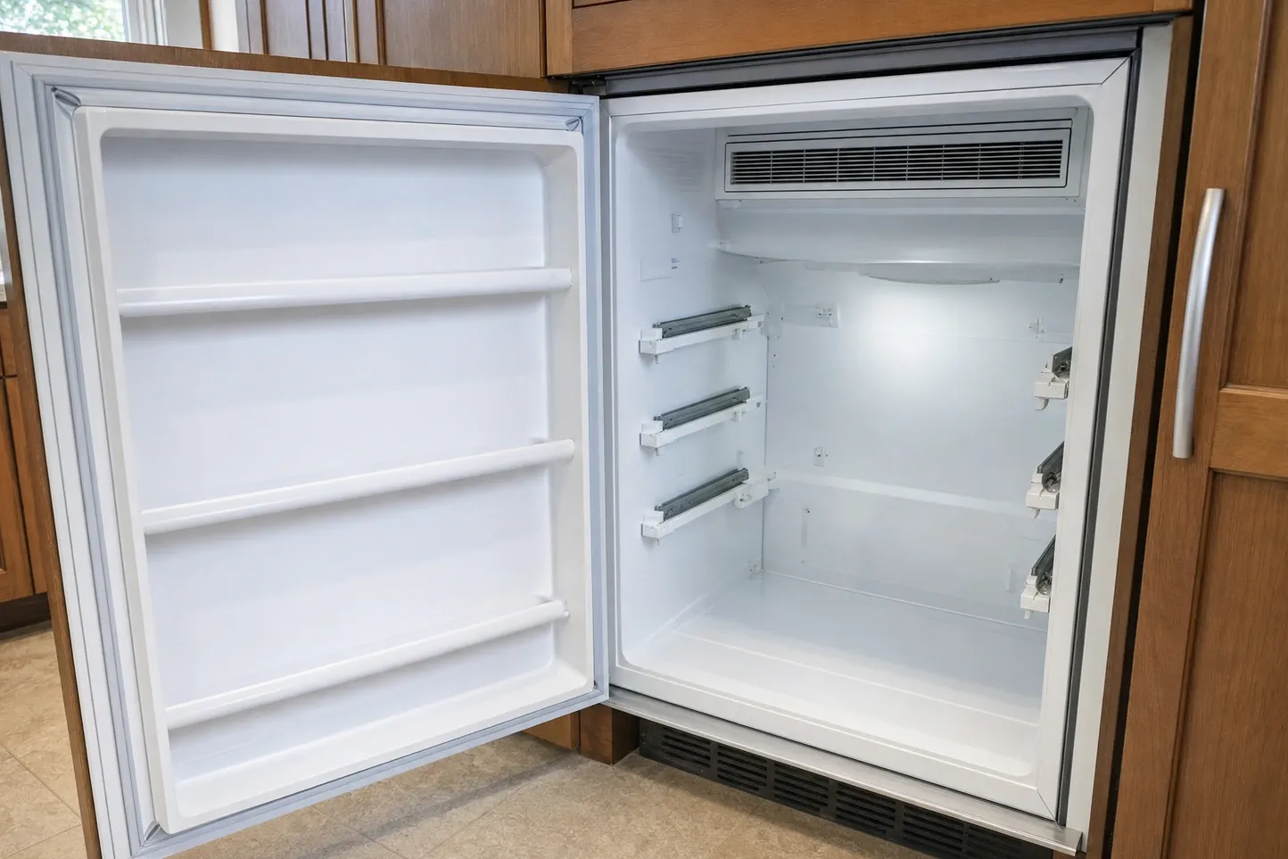 Undercounter refrigerator held open on an empty white interior, shelf rails, upper air vent and lower toe-kick grille