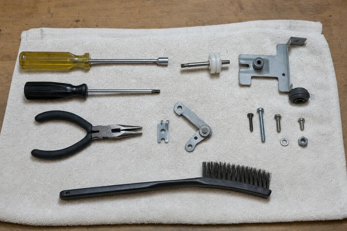 Shaft carrying a white nylon wheel, a bracket with a black rubber bumper and a two-arm steel linkage on a towel with screws, a nut driver, a Phillips screwdriver, needle-nose pliers and a wire brush. Numbered marks are drawn over it, at the nylon wheel on its shaft, two-arm steel linkage and the bracket with a rubber bumper.