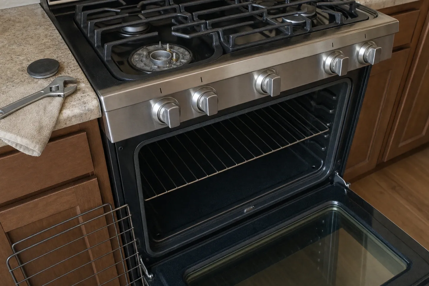 Gas range set between wood cabinets with the control knobs in a row along the front rail, the oven door lowered on an empty cavity and one rack out on the floor. Numbered marks are drawn over it, at the control knobs along the front rail, rack sitting on its rails and the rack rails down the side wall.