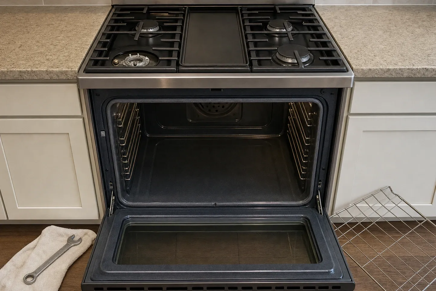 Slide-in range with a flat griddle between the burners and the oven open, showing the round perforated fan cover in the middle of the cavity back wall